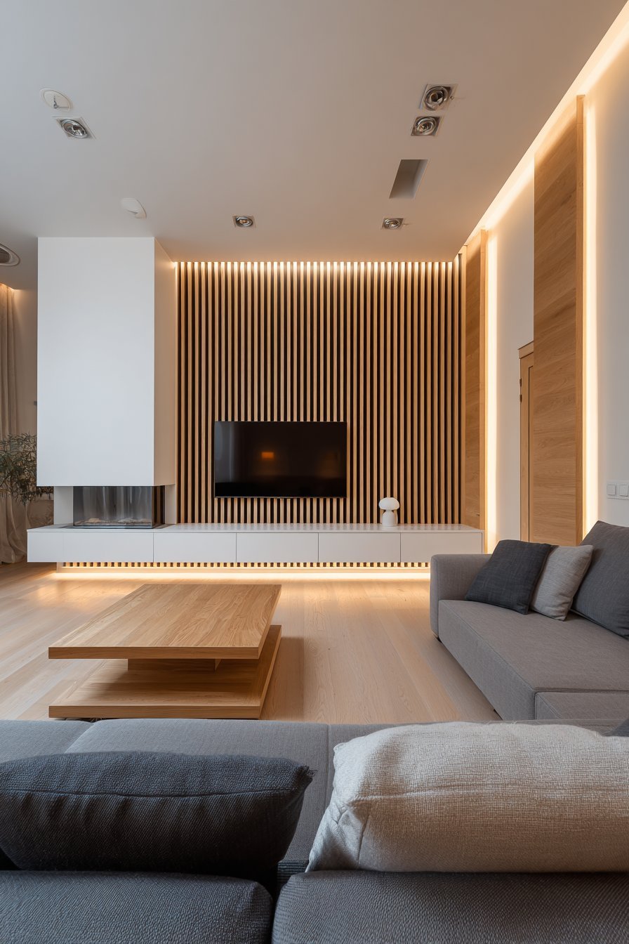 Light ash vertical slat media wall with integrated TV above a white lacquer console and charcoal modular sofa