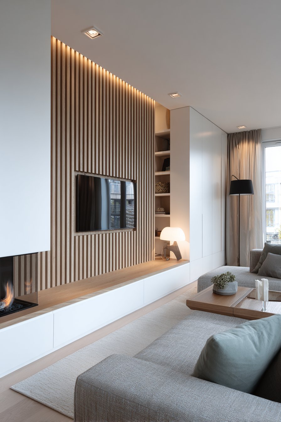 Light ash vertical slat media wall with integrated TV above a white lacquer console and charcoal modular sofa
