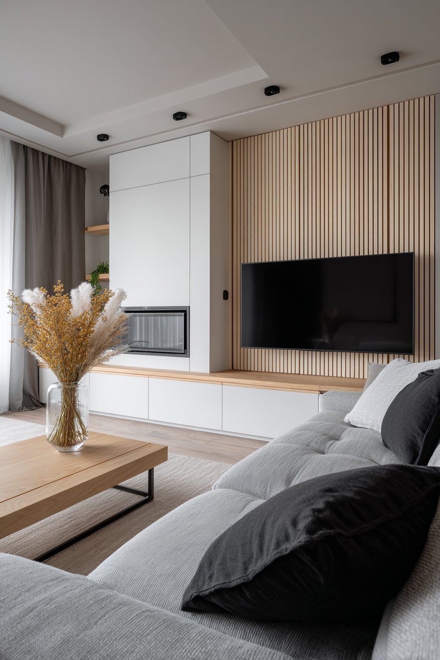Light ash vertical slat media wall with integrated TV above a white lacquer console and charcoal modular sofa