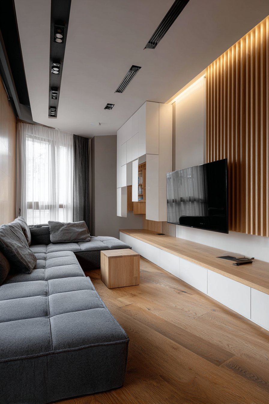Light ash vertical slat media wall with integrated TV above a white lacquer console and charcoal modular sofa