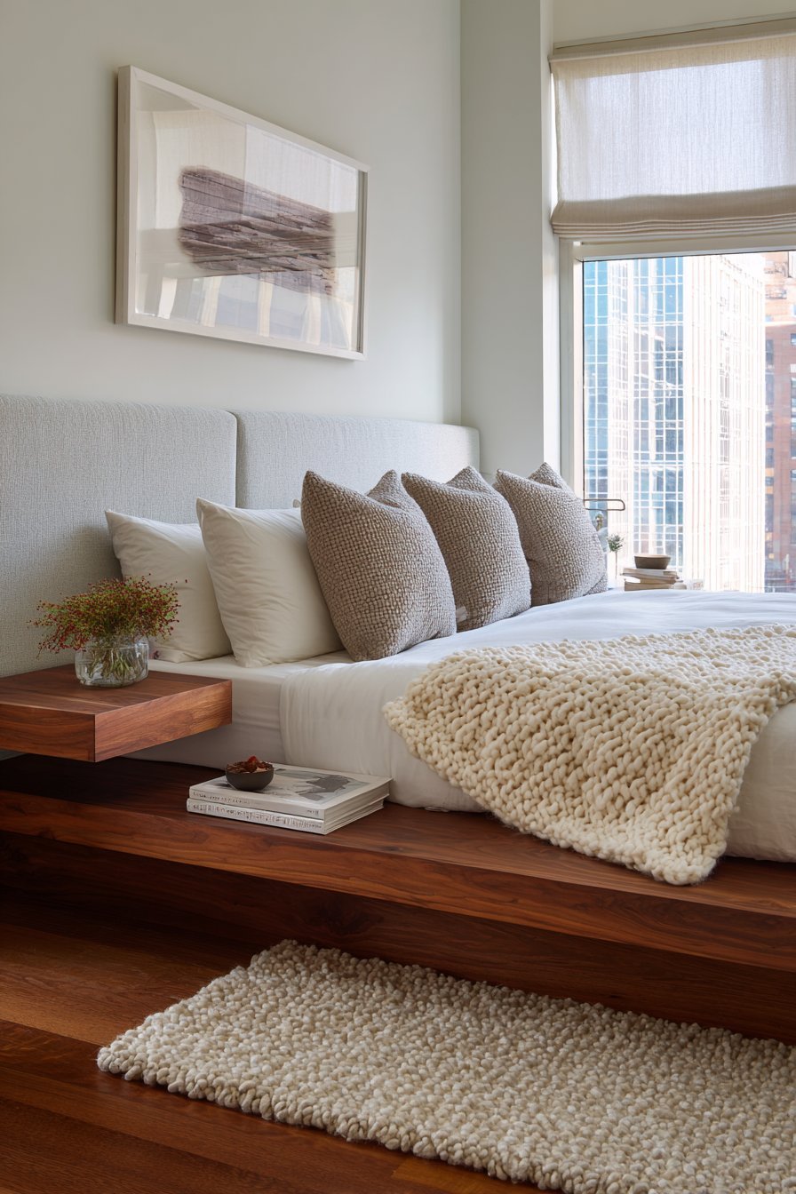 Walnut platform bed with built-in side tables, grey headboard and chunky cream knit throw