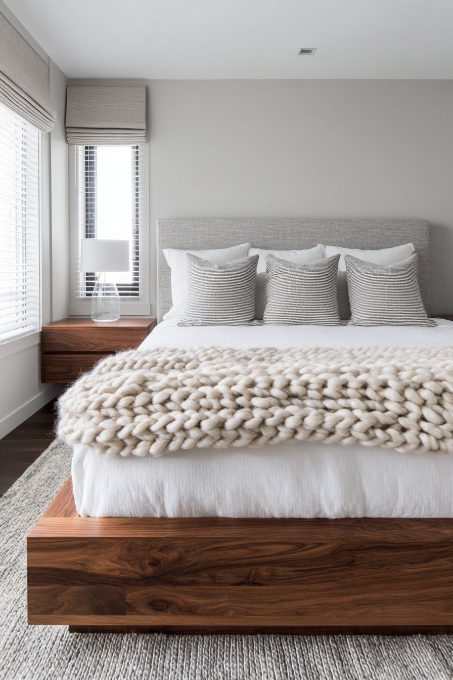Walnut platform bed with built-in side tables, grey headboard and chunky cream knit throw