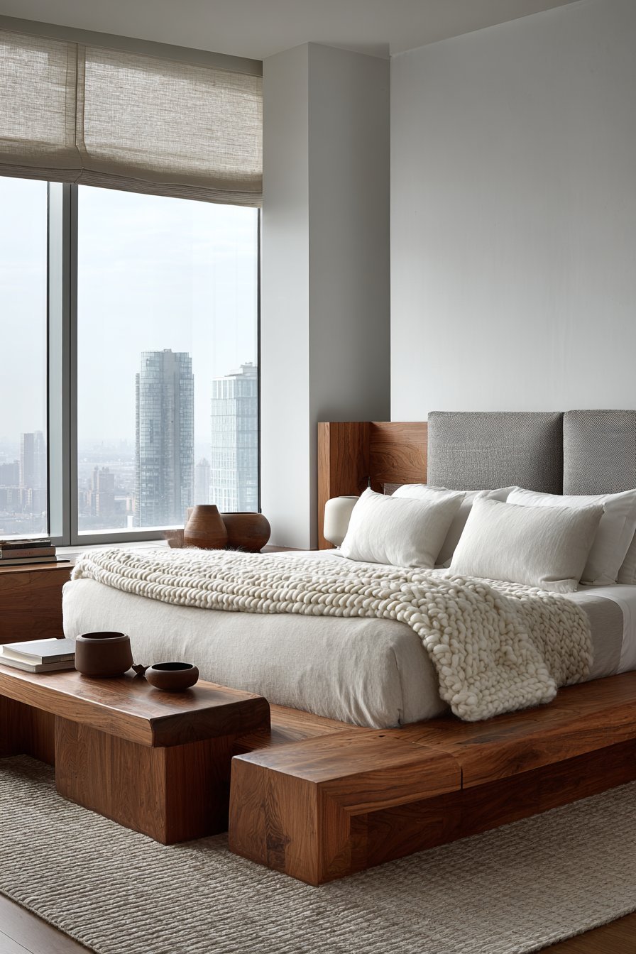 Walnut platform bed with built-in side tables, grey headboard and chunky cream knit throw