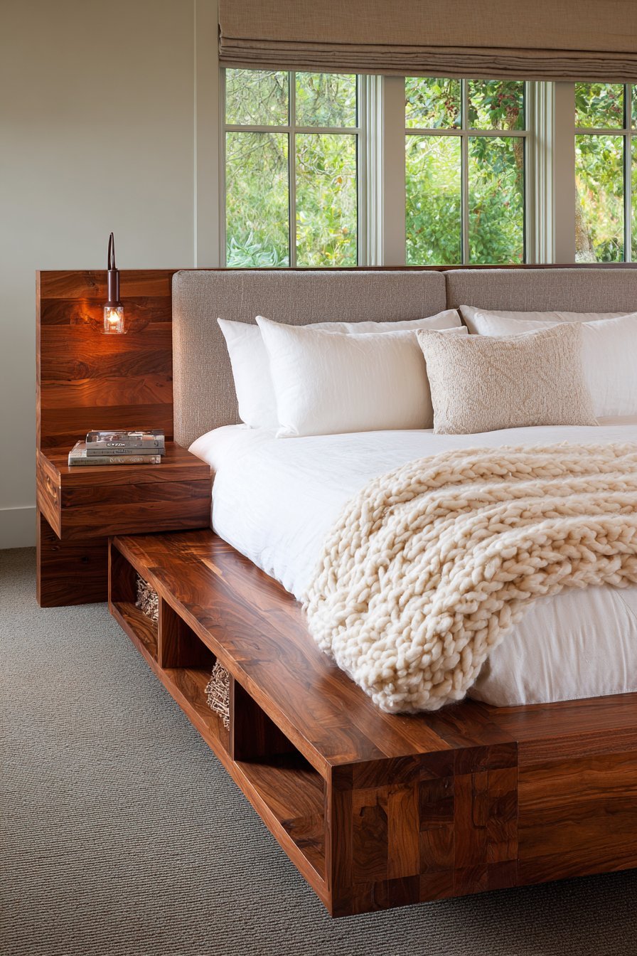 Walnut platform bed with built-in side tables, grey headboard and chunky cream knit throw