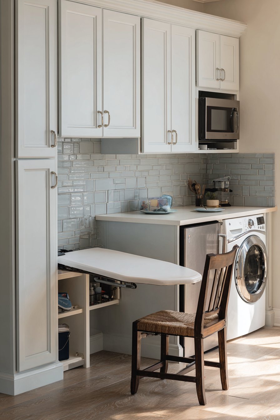 Fold-out ironing board built into a light grey kitchen cabinet near the laundry area