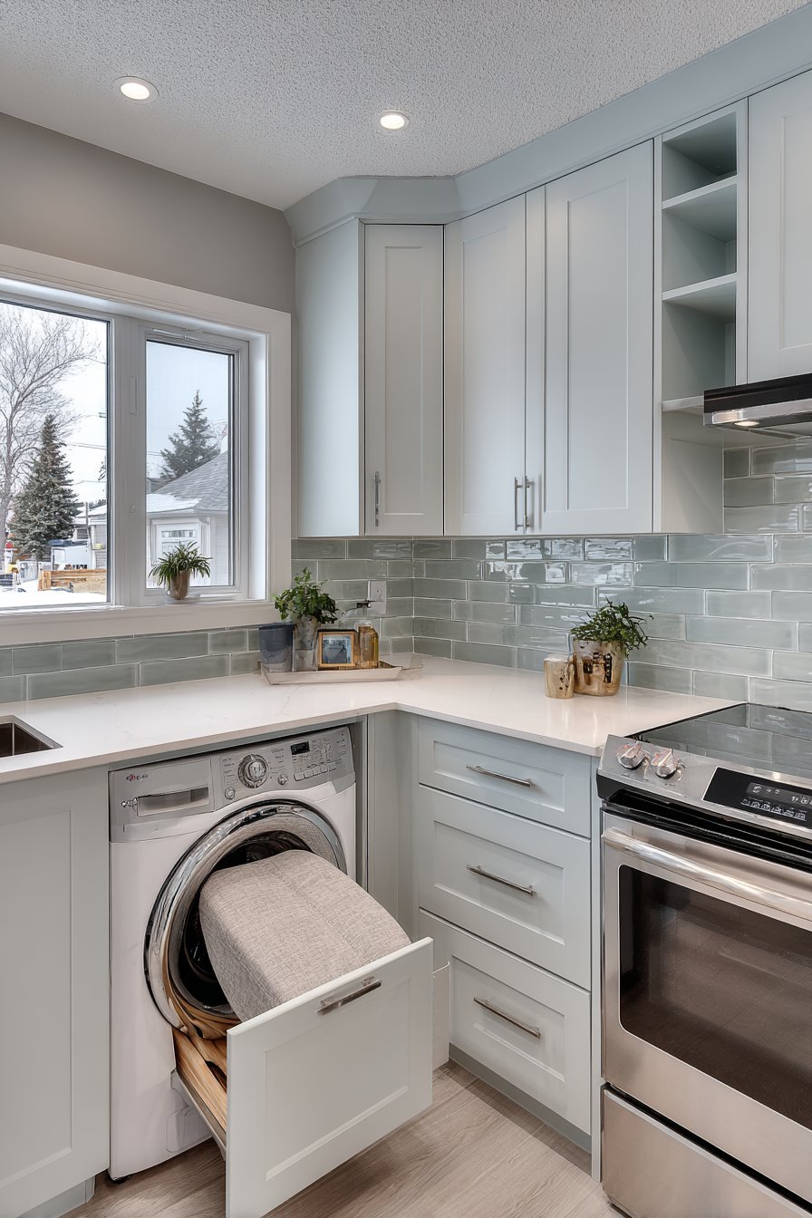 Fold-out ironing board built into a light grey kitchen cabinet near the laundry area
