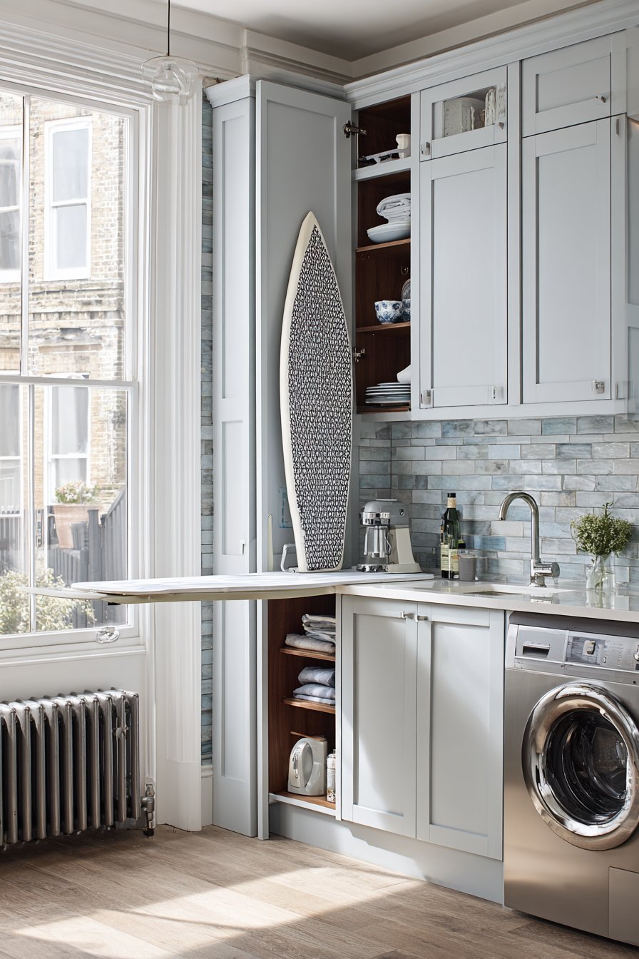 Fold-out ironing board built into a light grey kitchen cabinet near the laundry area