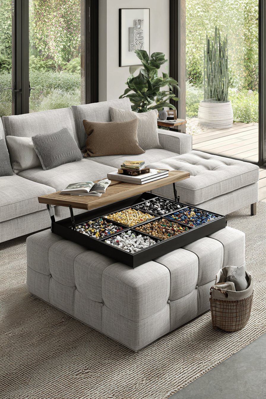 Square linen ottoman with removable sectioned tray holding sorted Lego, used as a living room coffee table
