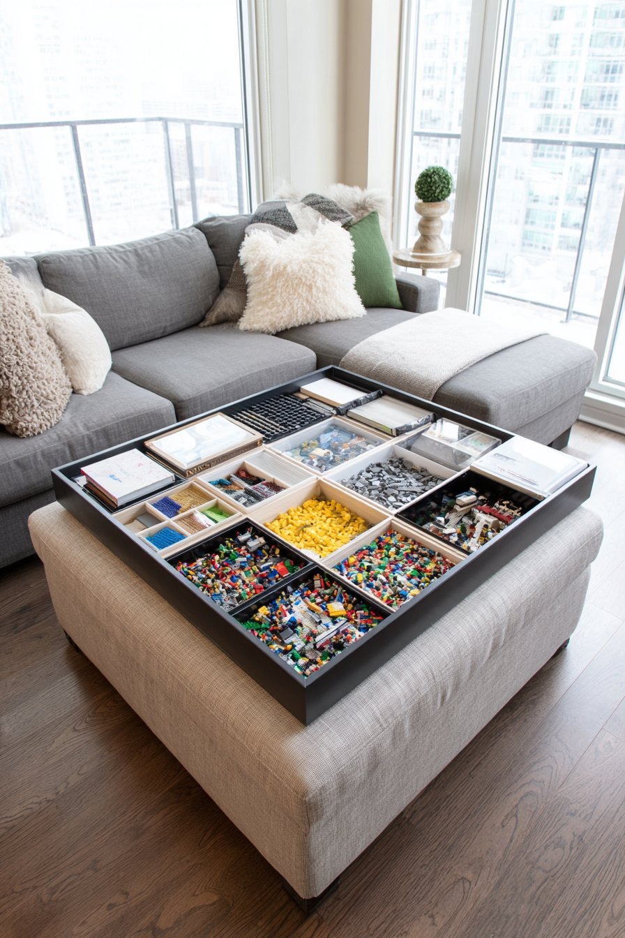 Square linen ottoman with removable sectioned tray holding sorted Lego, used as a living room coffee table