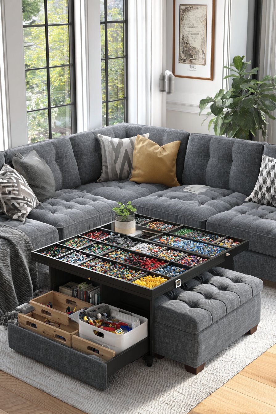 Square linen ottoman with removable sectioned tray holding sorted Lego, used as a living room coffee table