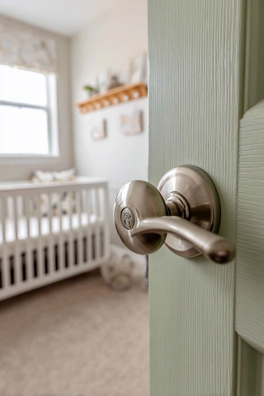 Sage green nursery door with rounded nickel handle, wooden peg rack and white trim