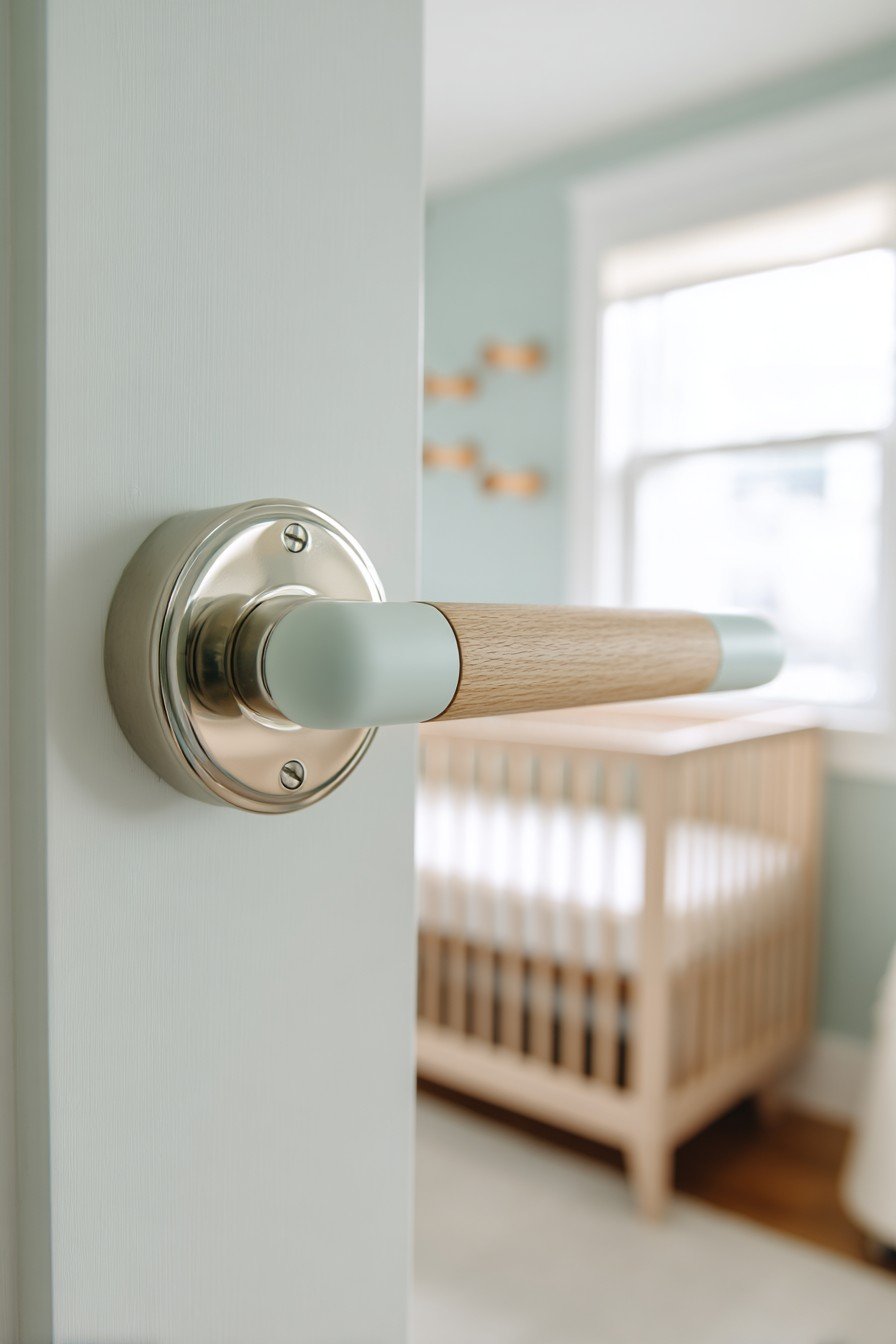 Sage green nursery door with rounded nickel handle, wooden peg rack and white trim