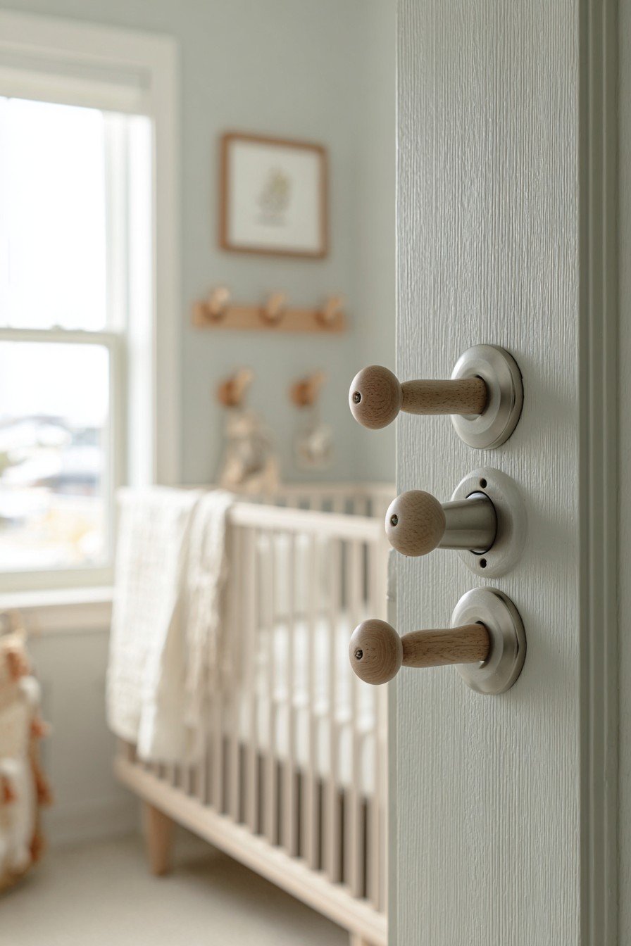 Sage green nursery door with rounded nickel handle, wooden peg rack and white trim