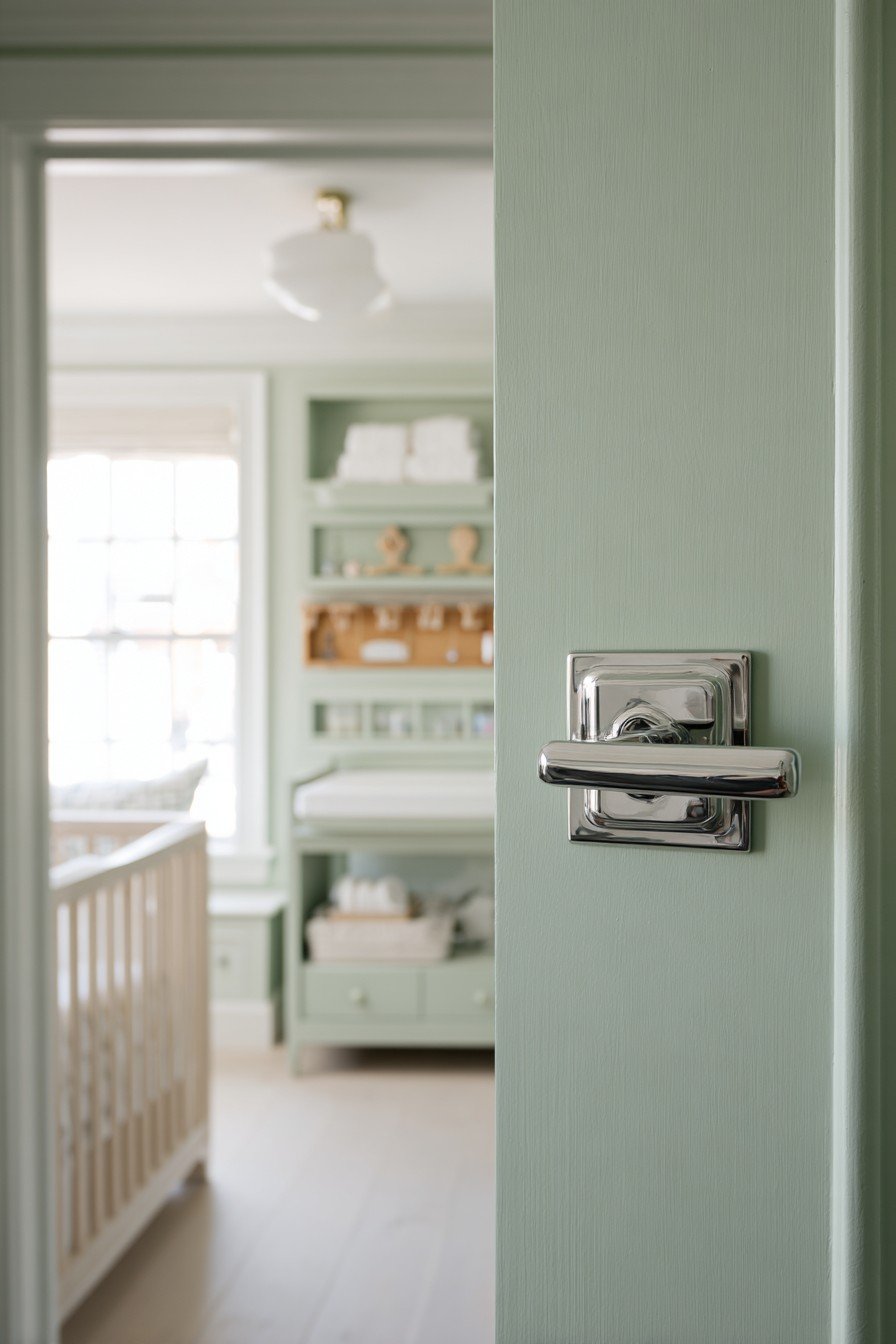 Sage green nursery door with rounded nickel handle, wooden peg rack and white trim