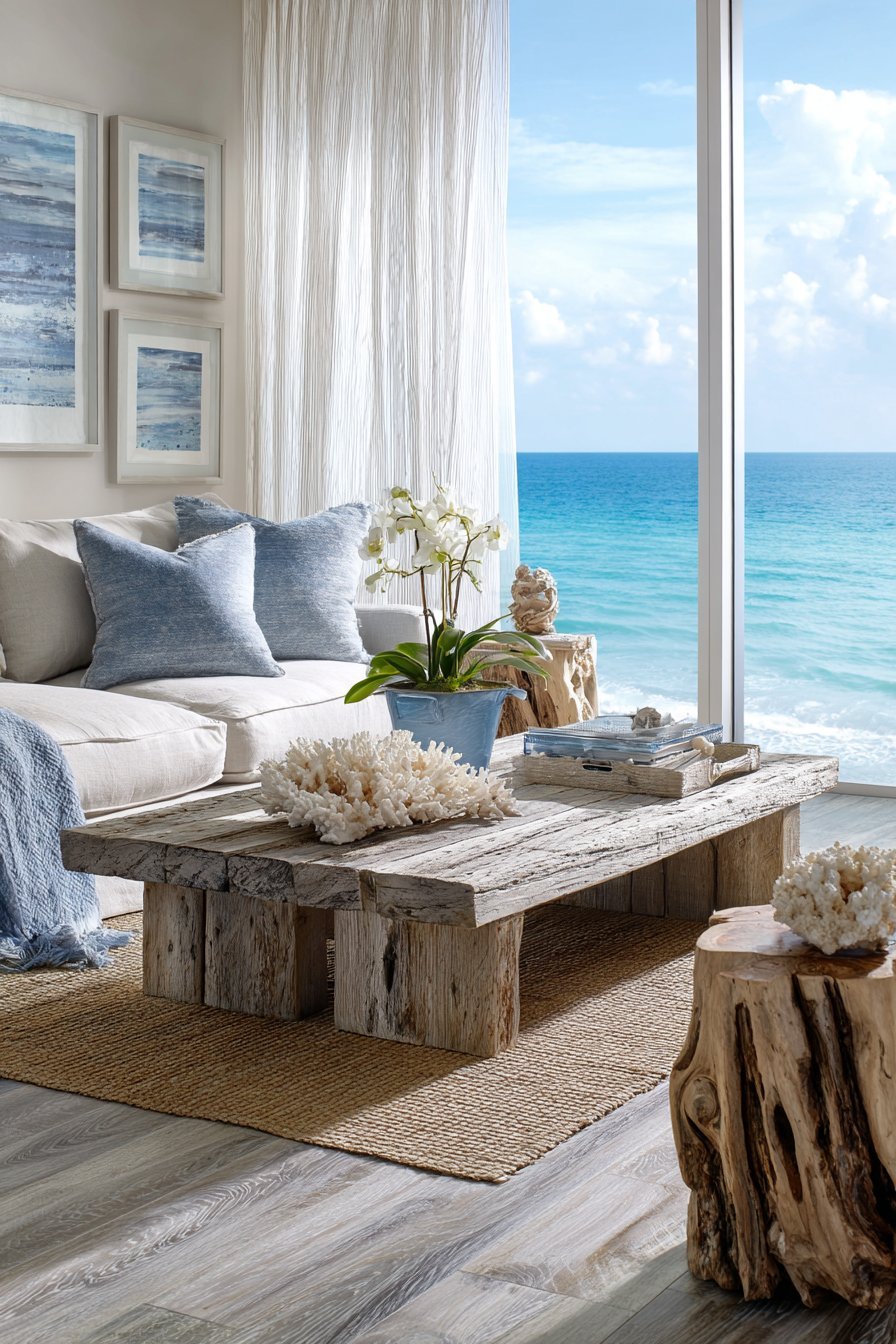 Coastal living room with ocean-inspired abstract art, rope-wrapped mirrors and sand linen sectional by windows