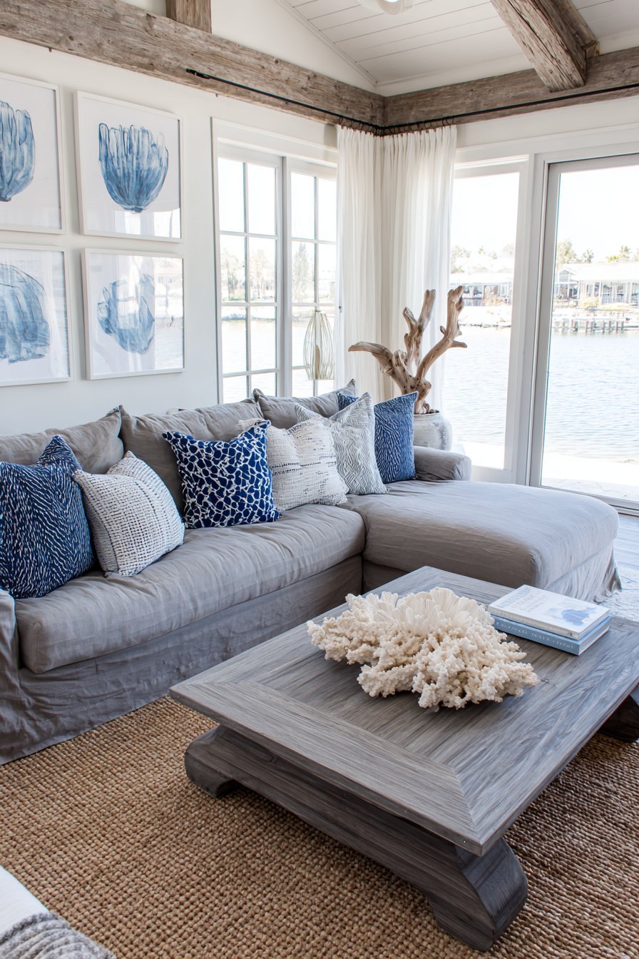Coastal living room with ocean-inspired abstract art, rope-wrapped mirrors and sand linen sectional by windows