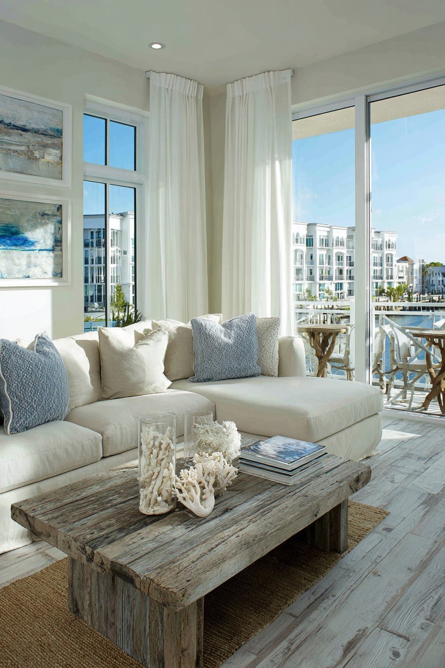 Coastal living room with ocean-inspired abstract art, rope-wrapped mirrors and sand linen sectional by windows