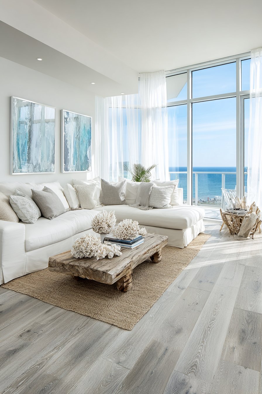 Coastal living room with ocean-inspired abstract art, rope-wrapped mirrors and sand linen sectional by windows