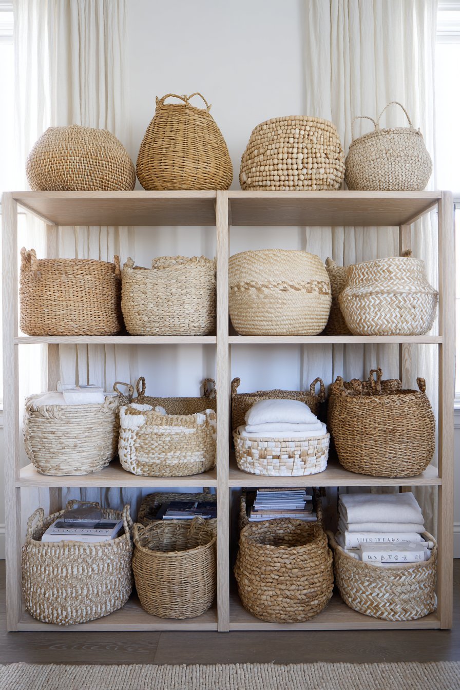 Seagrass, rattan and water hyacinth baskets on light oak floating shelves against white walls