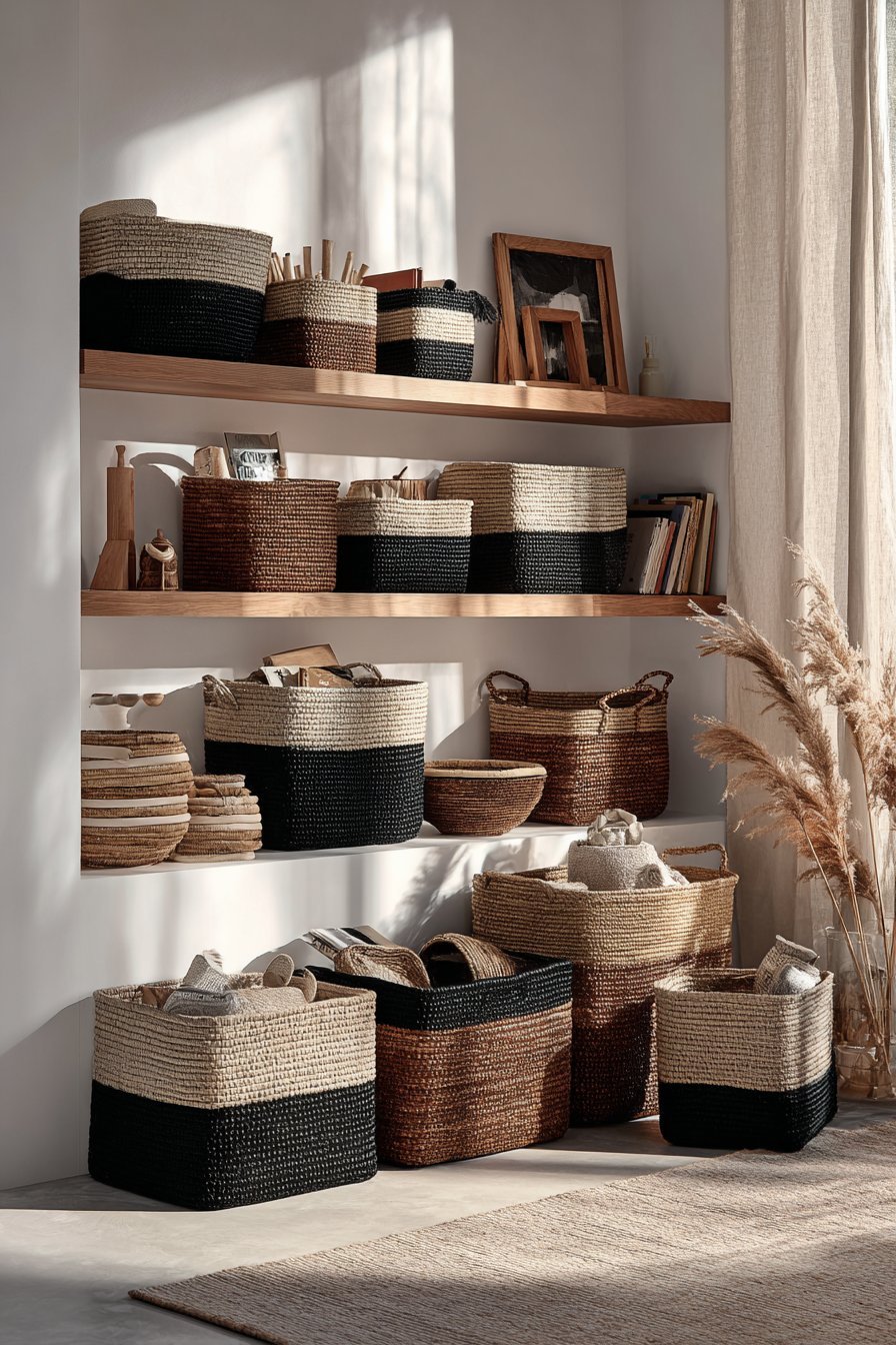 Seagrass, rattan and water hyacinth baskets on light oak floating shelves against white walls