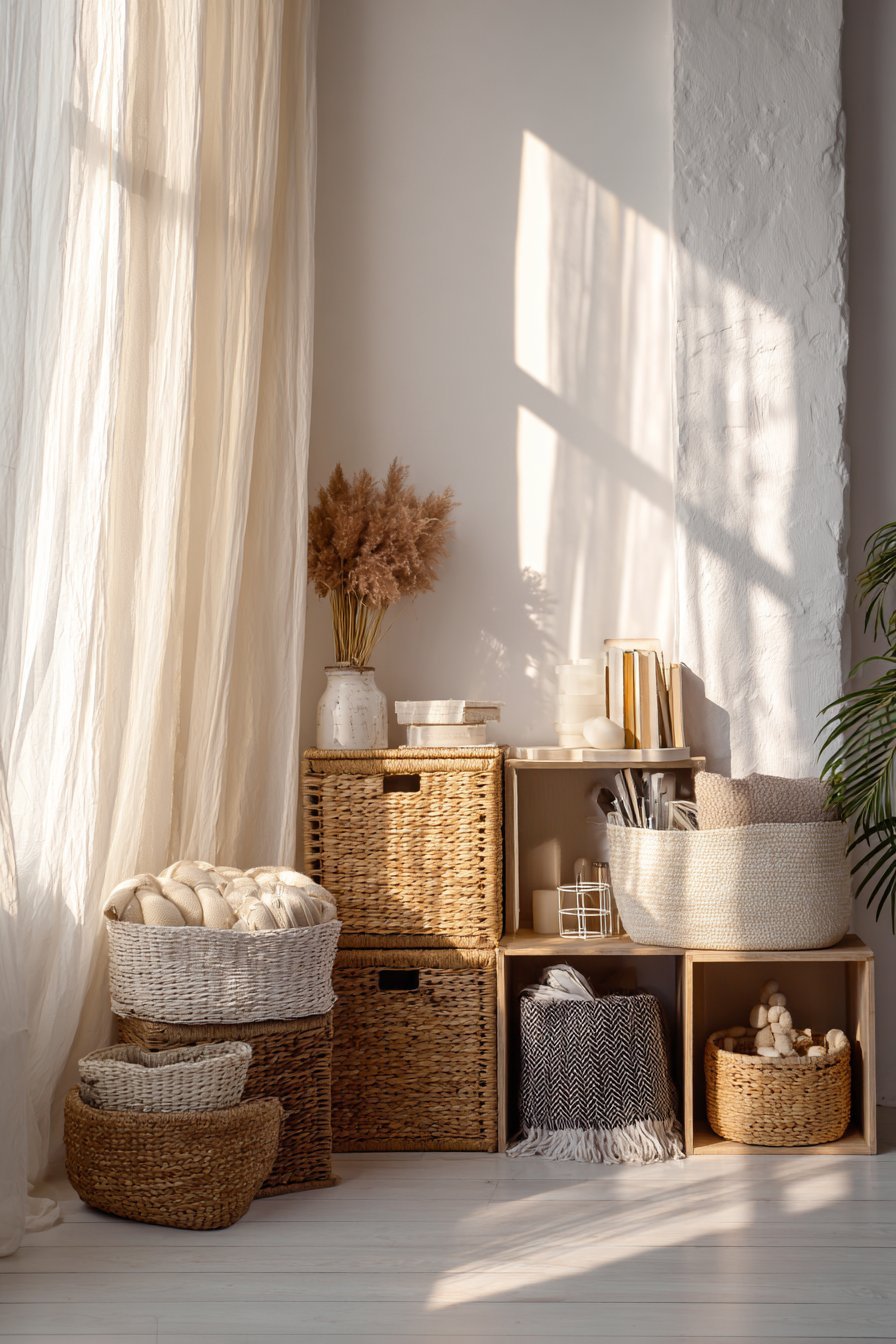 Seagrass, rattan and water hyacinth baskets on light oak floating shelves against white walls