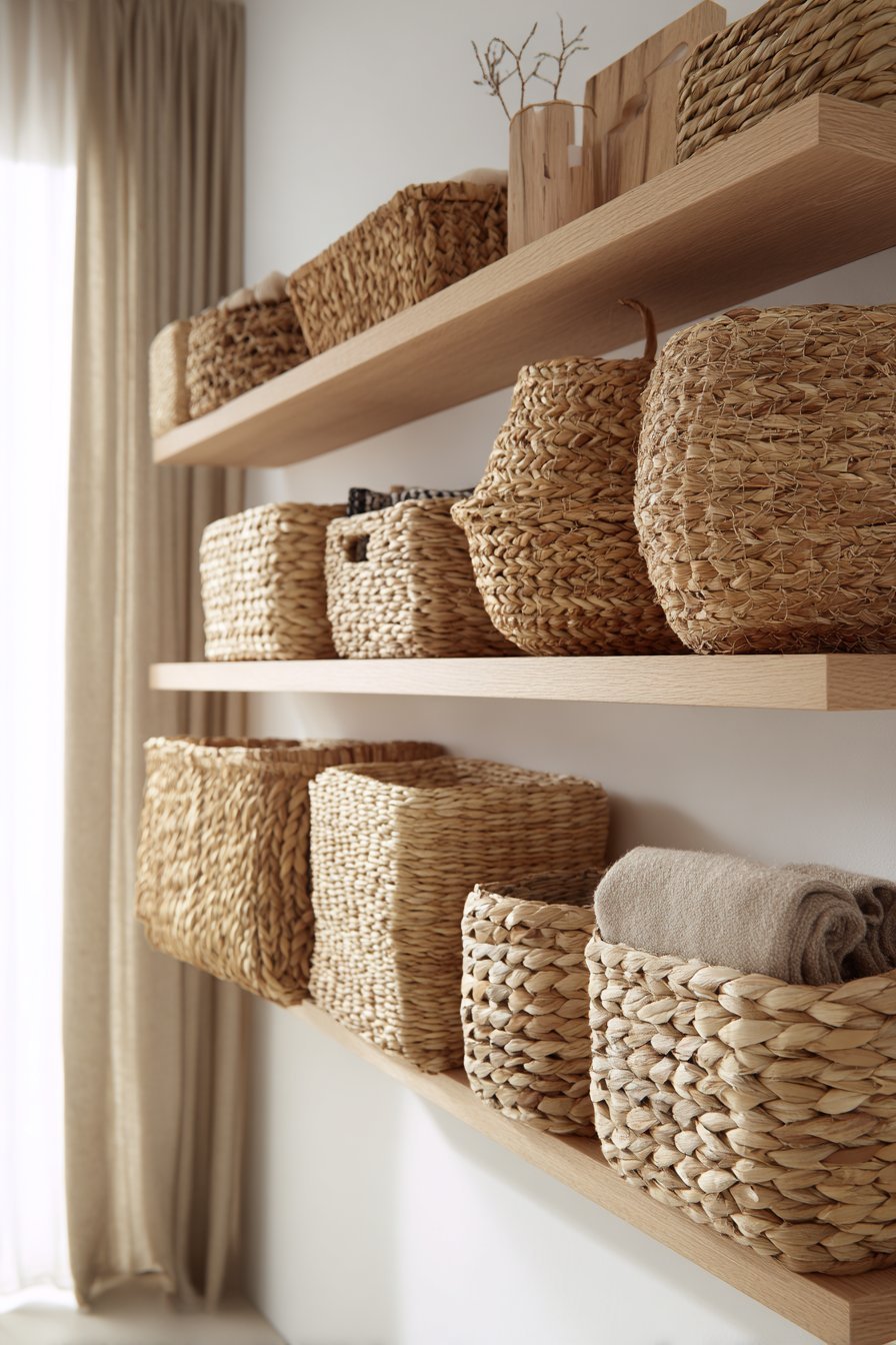 Seagrass, rattan and water hyacinth baskets on light oak floating shelves against white walls