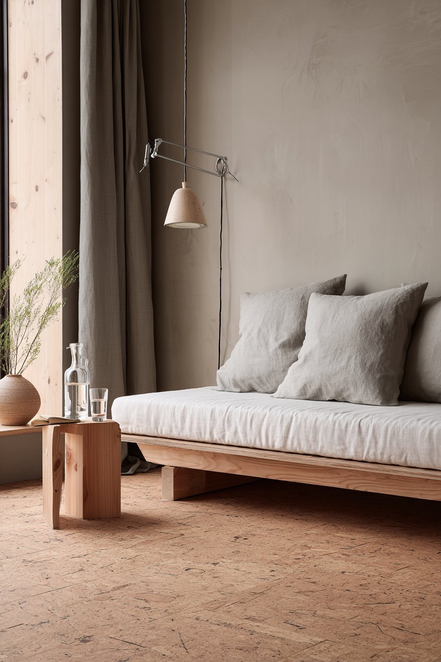  Ash wood daybed with white linen and grey bolster pillows, side table and adjustable floor lamp on cork floor