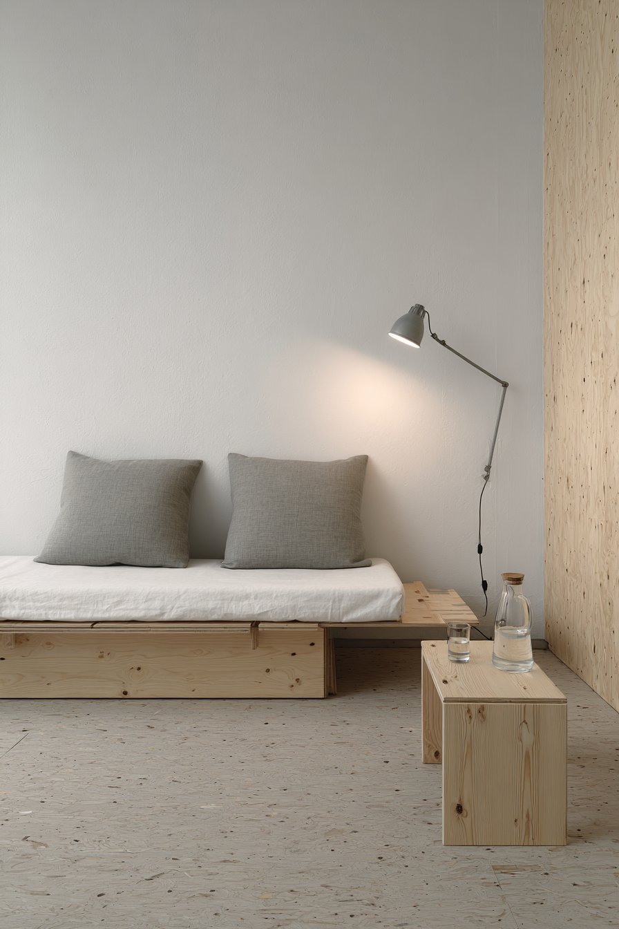 Ash wood daybed with white linen and grey bolster pillows, side table and adjustable floor lamp on cork floor