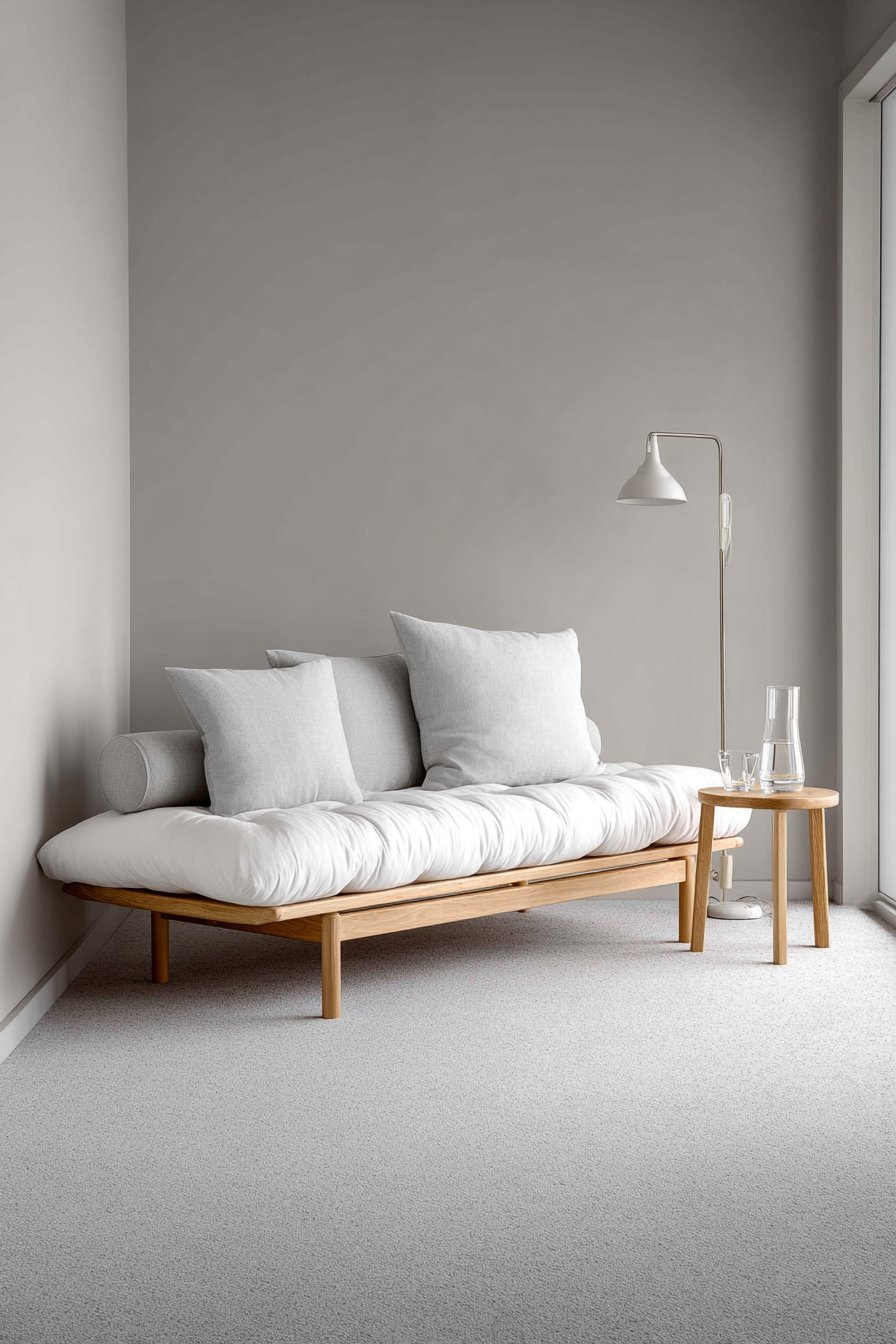 Ash wood daybed with white linen and grey bolster pillows, side table and adjustable floor lamp on cork floor