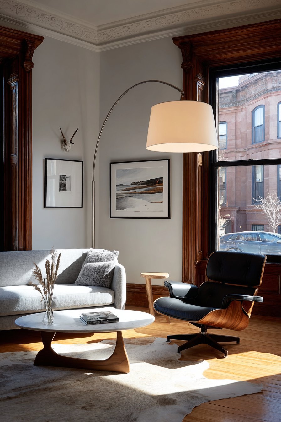 Walnut and black leather lounge chair, sculptural glass-top coffee table, marble-base arc lamp and cowhide rug