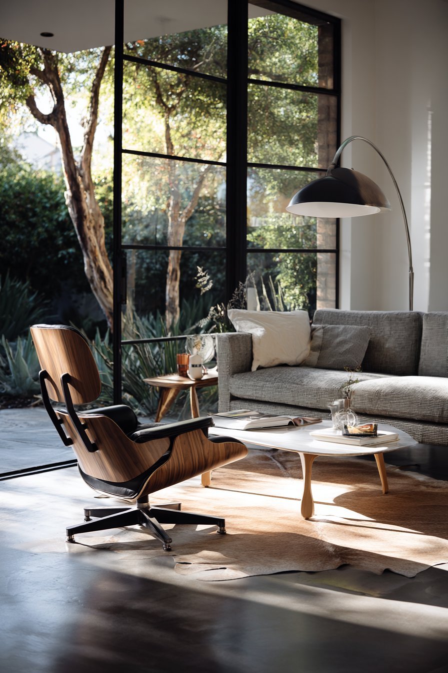 Walnut and black leather lounge chair, sculptural glass-top coffee table, marble-base arc lamp and cowhide rug