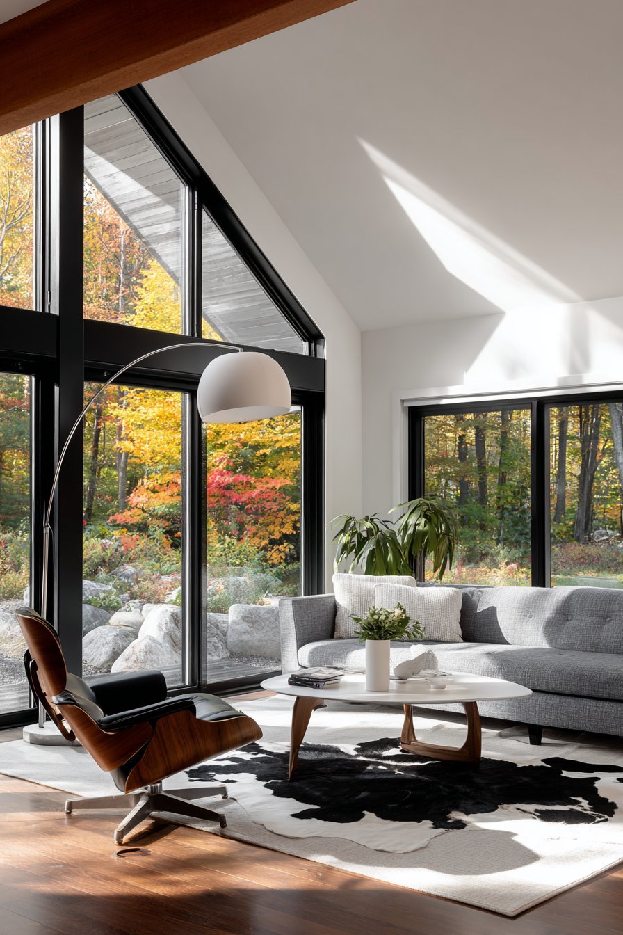 Walnut and black leather lounge chair, sculptural glass-top coffee table, marble-base arc lamp and cowhide rug