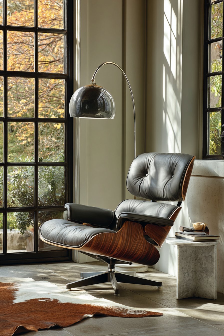 Walnut and black leather lounge chair, sculptural glass-top coffee table, marble-base arc lamp and cowhide rug