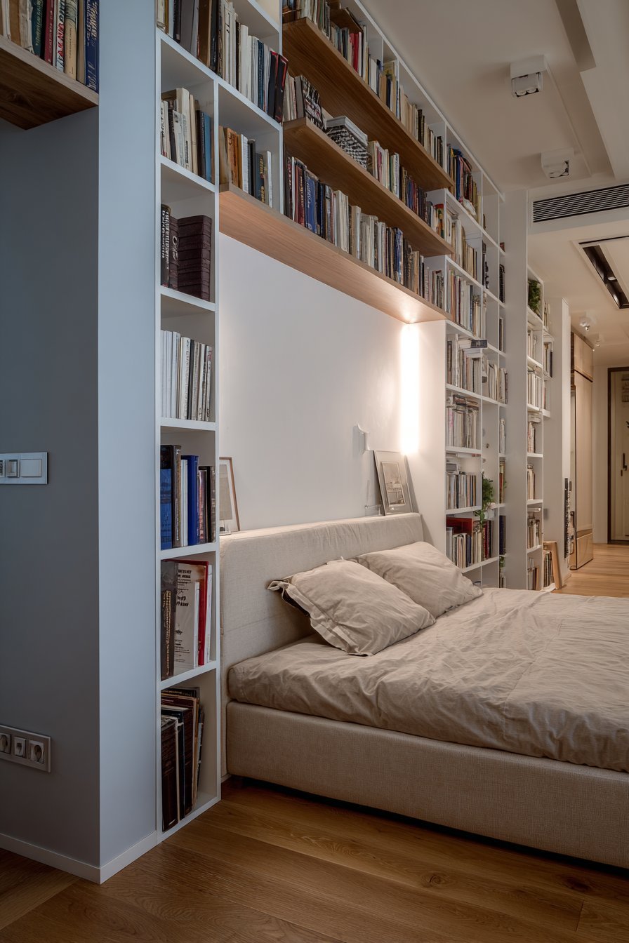 Tall white bookcases with LED lighting flanking a beige upholstered bed in a small bedroom