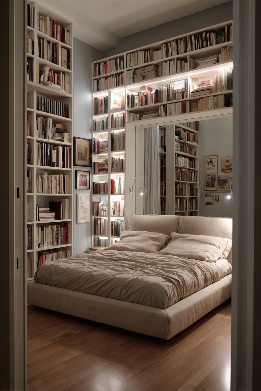 Tall white bookcases with LED lighting flanking a beige upholstered bed in a small bedroom