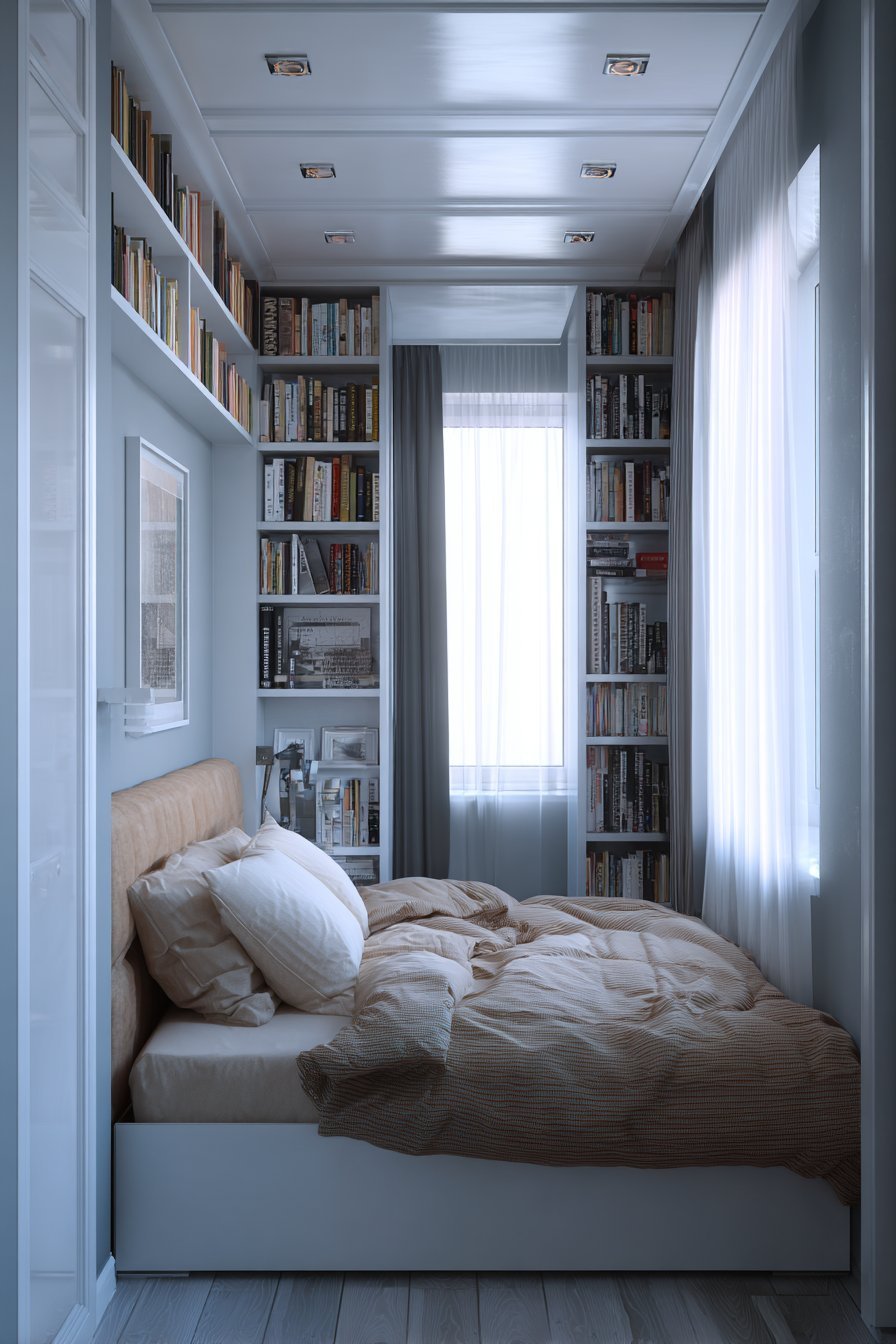 Tall white bookcases with LED lighting flanking a beige upholstered bed in a small bedroom