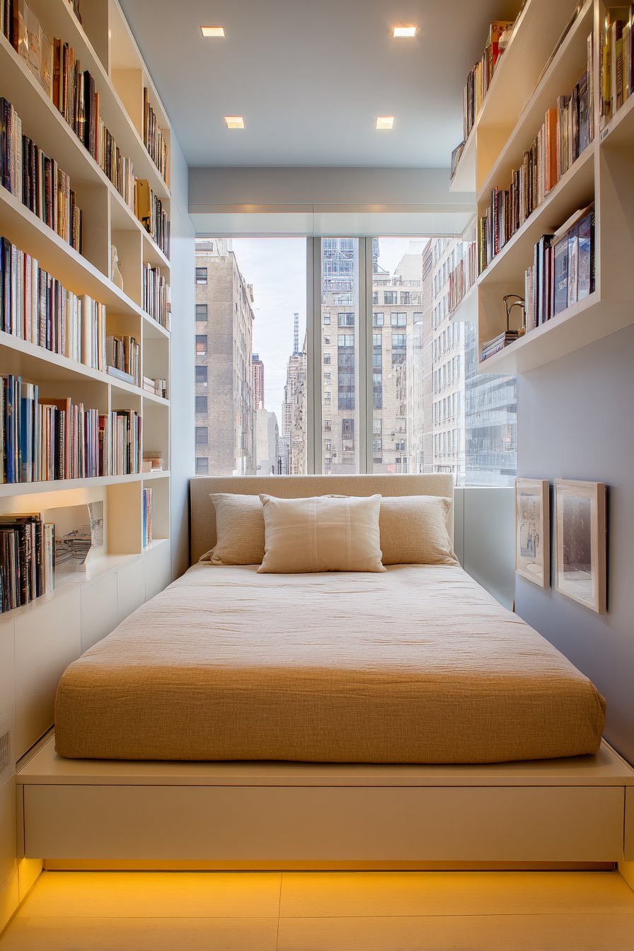 Tall white bookcases with LED lighting flanking a beige upholstered bed in a small bedroom