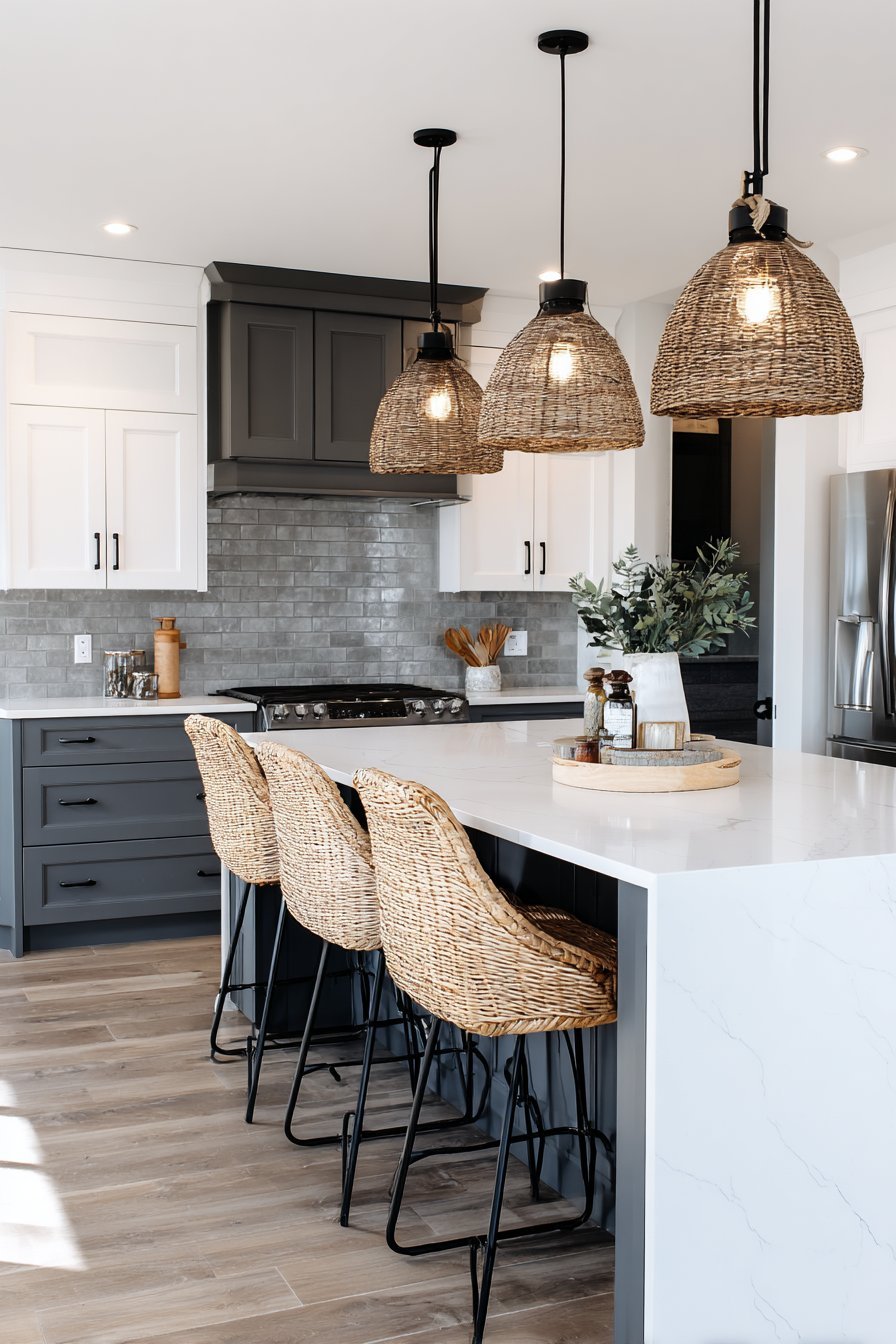 Waterfall-edge quartz breakfast bar with backless wood stools and charcoal and white two-tone cabinets