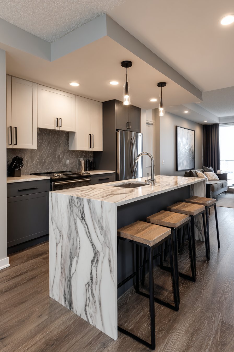 Waterfall-edge quartz breakfast bar with backless wood stools and charcoal and white two-tone cabinets
