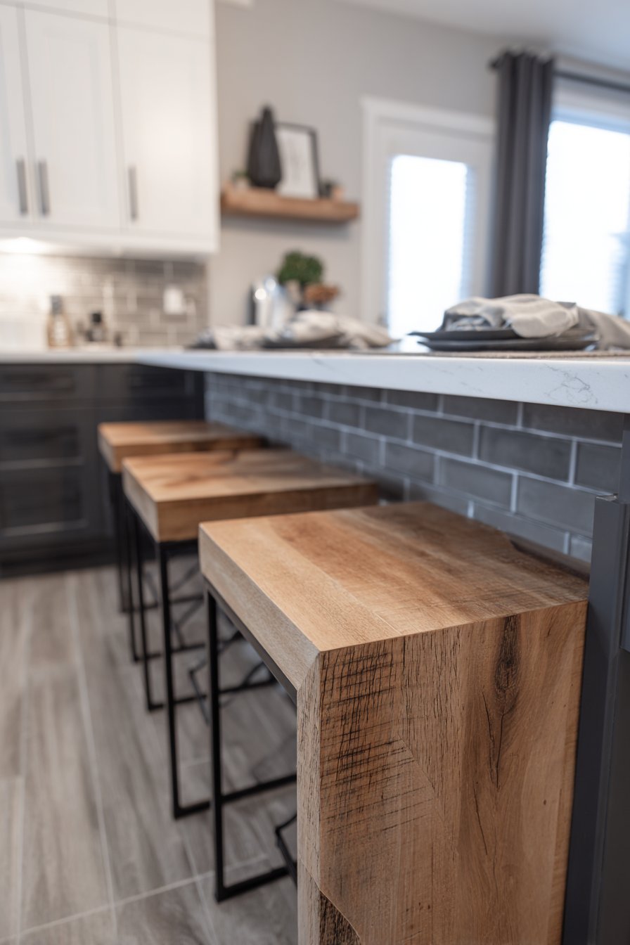 Waterfall-edge quartz breakfast bar with backless wood stools and charcoal and white two-tone cabinets