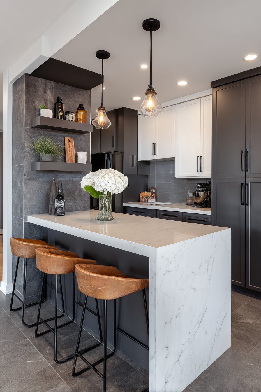 Waterfall-edge quartz breakfast bar with backless wood stools and charcoal and white two-tone cabinets