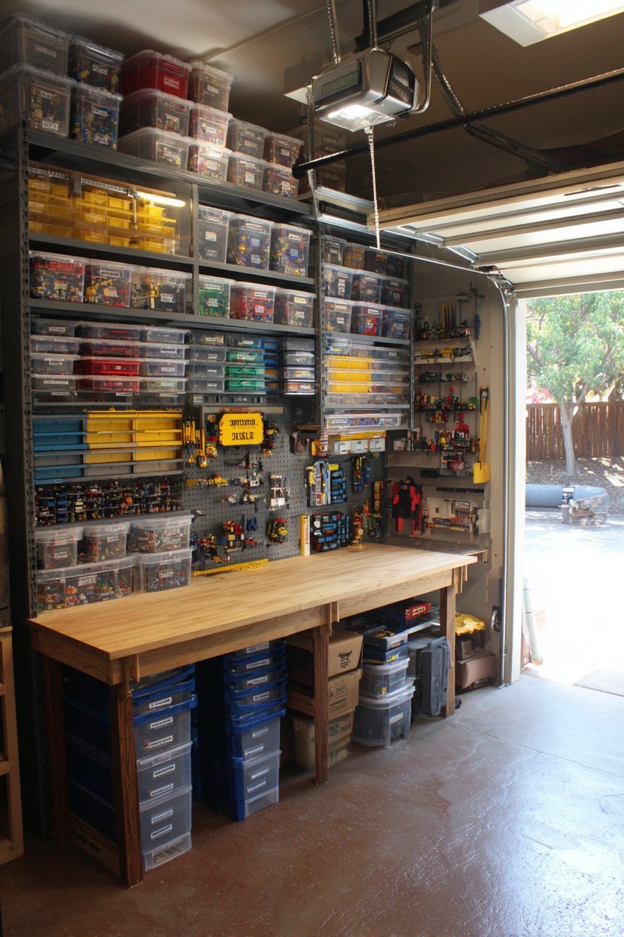 Twelve-foot metal garage shelving with labeled clear bins and a sturdy workbench for building