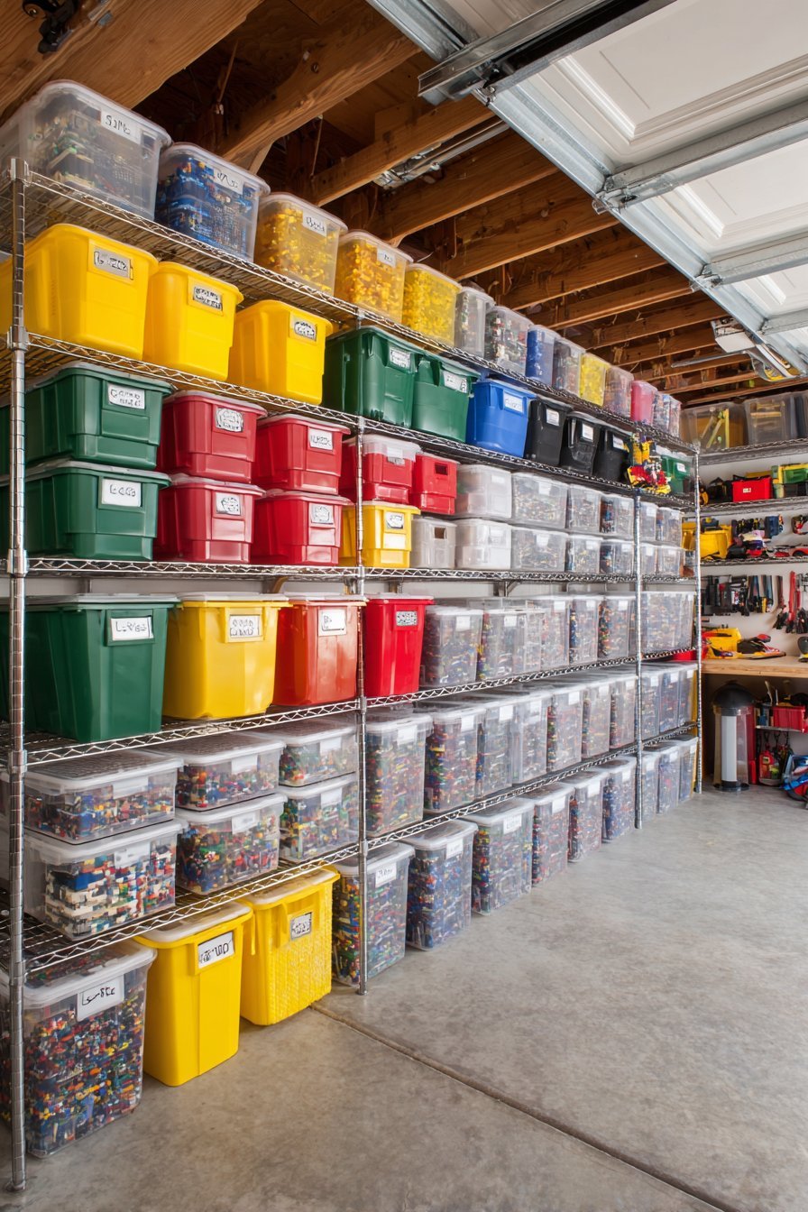 Twelve-foot metal garage shelving with labeled clear bins and a sturdy workbench for building