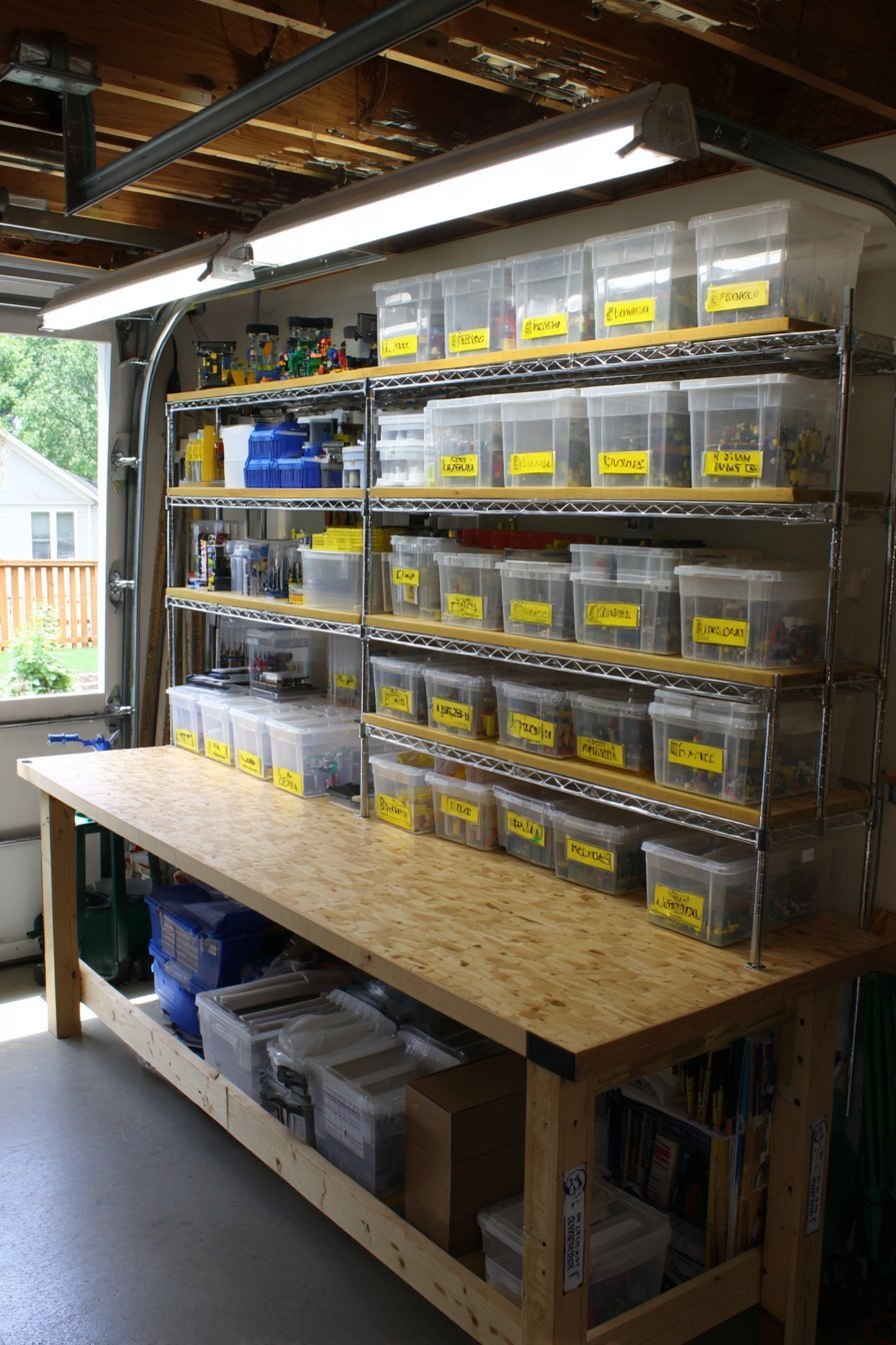 Twelve-foot metal garage shelving with labeled clear bins and a sturdy workbench for building