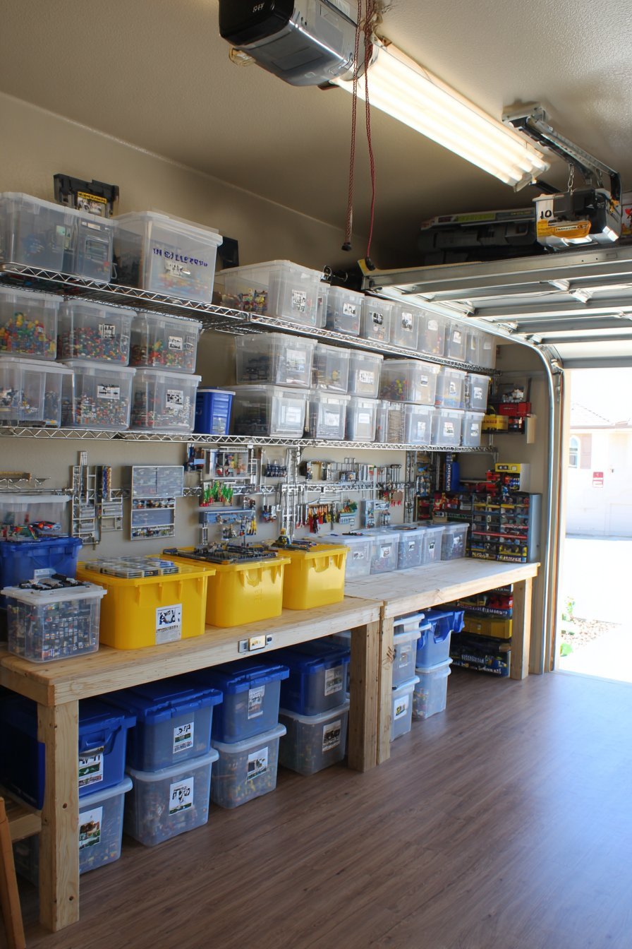 Twelve-foot metal garage shelving with labeled clear bins and a sturdy workbench for building