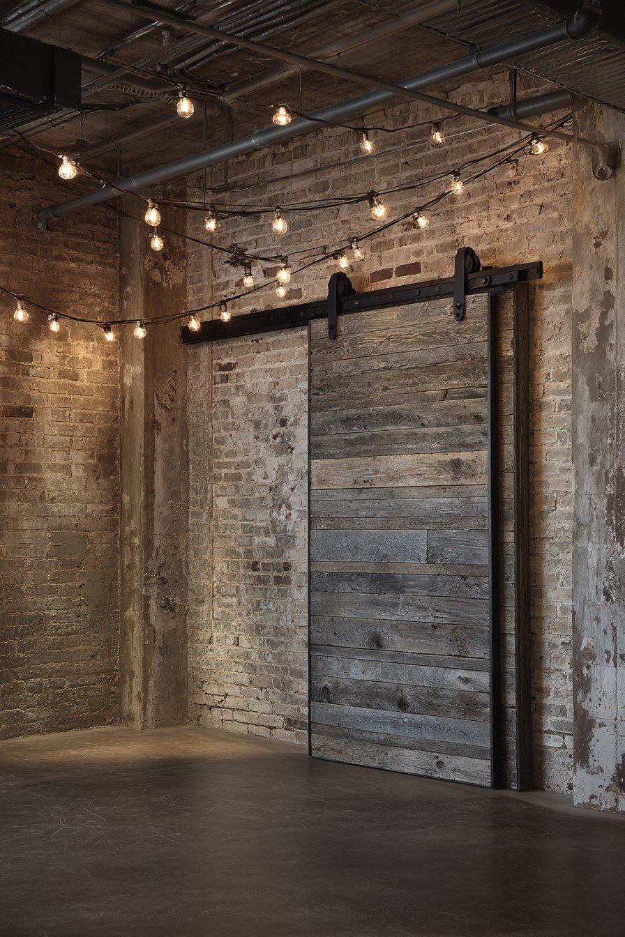 Oversized reclaimed barn wood sliding door on exposed black steel track beside an exposed brick wall