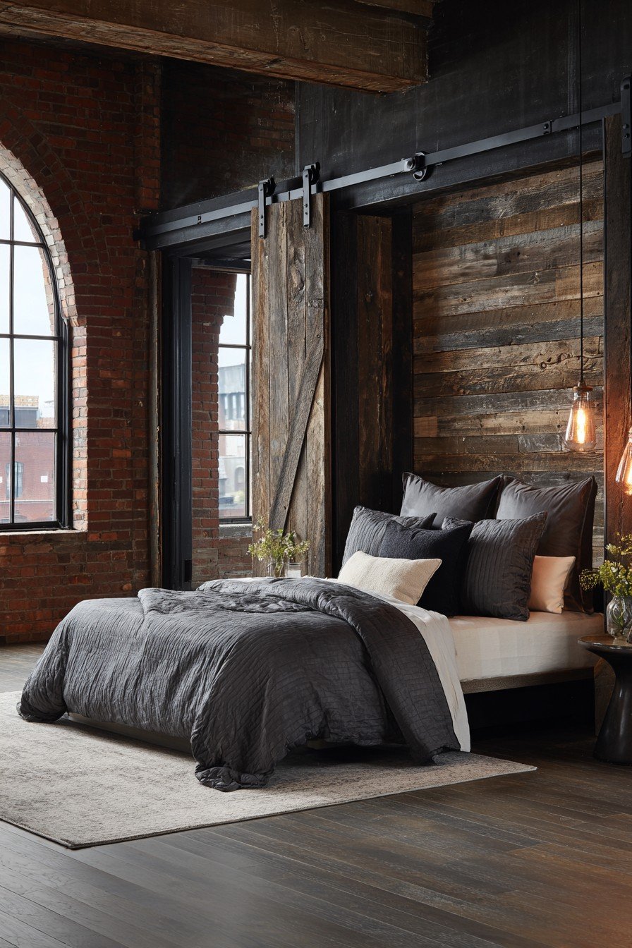 Oversized reclaimed barn wood sliding door on exposed black steel track beside an exposed brick wall