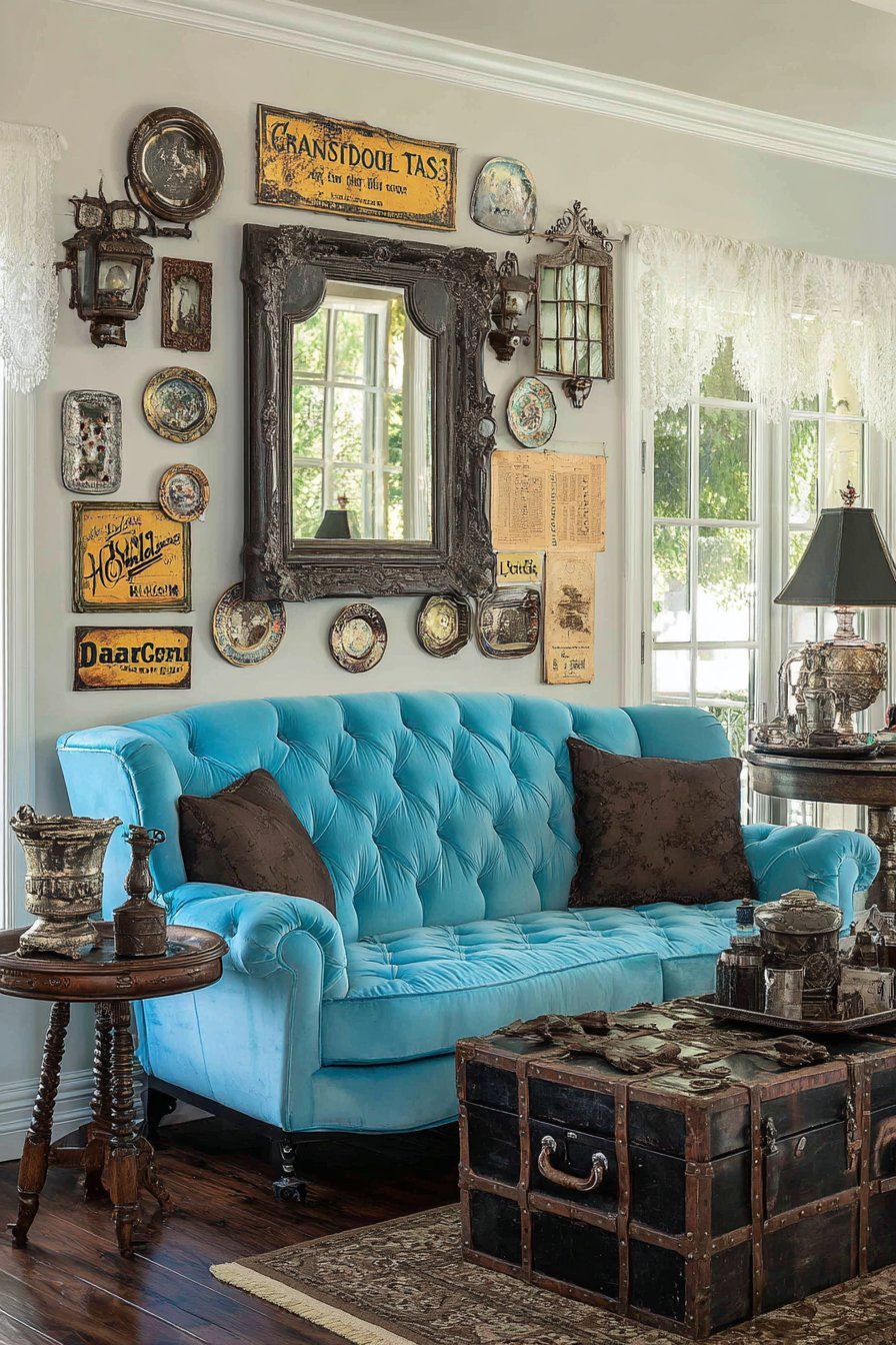 Vintage eclectic living room with antique mirrors, old window frames, plate wall and peacock blue velvet sofa