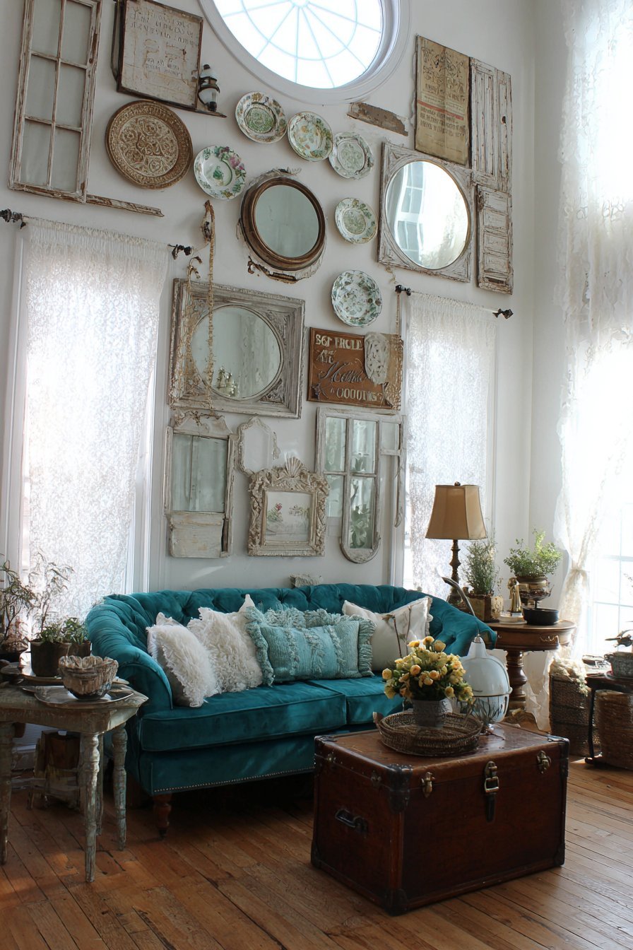 Vintage eclectic living room with antique mirrors, old window frames, plate wall and peacock blue velvet sofa
