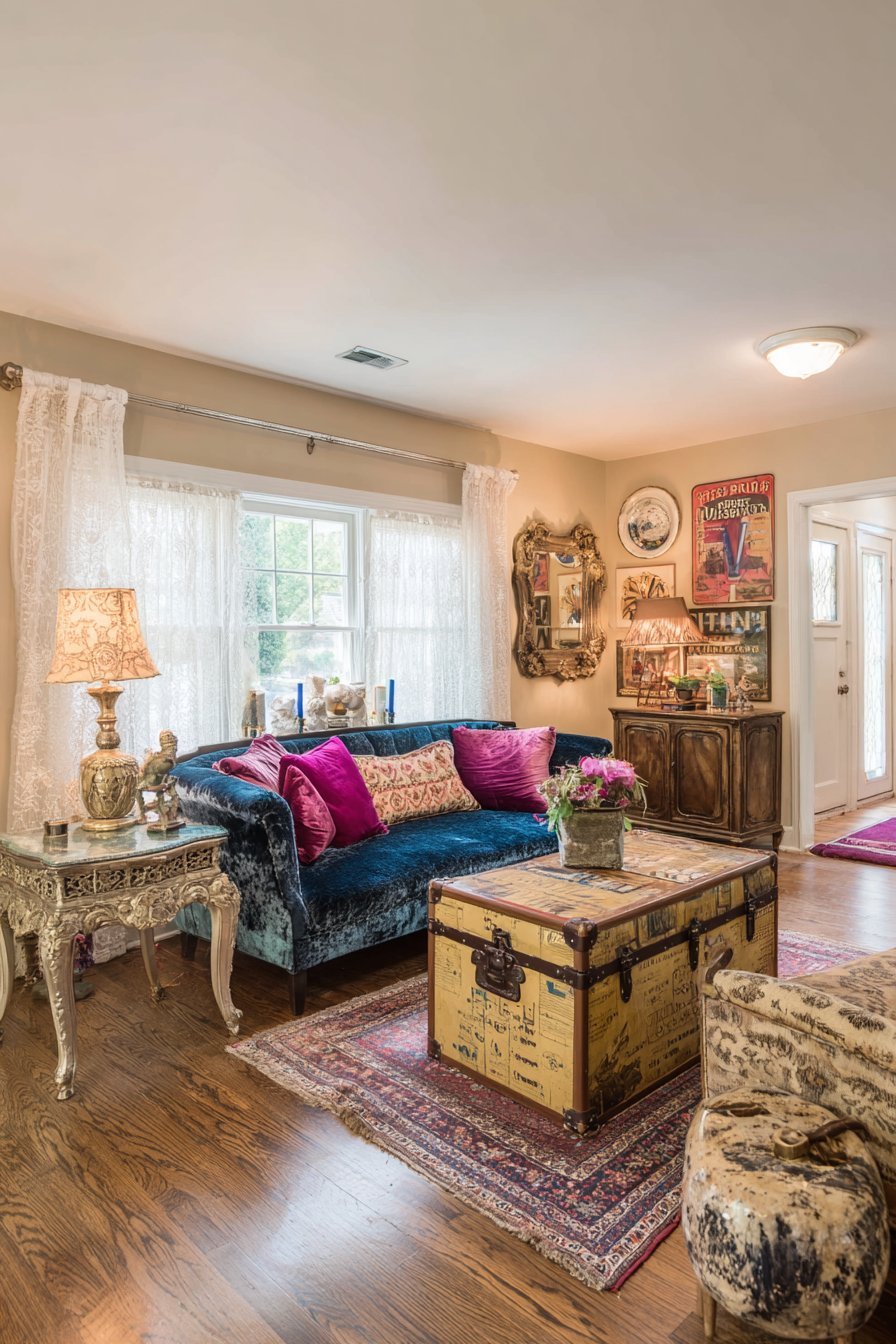 Vintage eclectic living room with antique mirrors, old window frames, plate wall and peacock blue velvet sofa